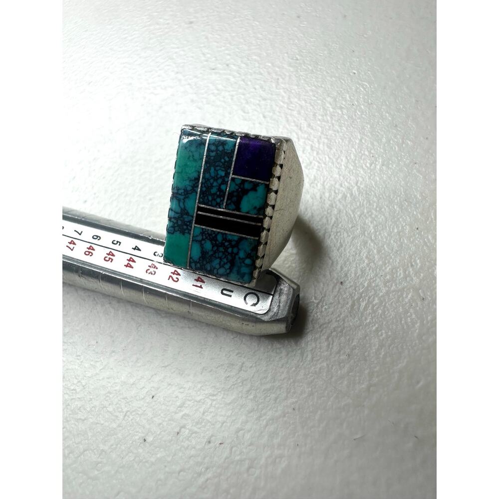 Vintage Navajo Sterling Silver Turquoise Inlay Men's Ring Onyx Sugilite Size 9